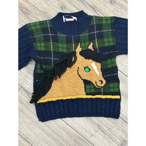 Vintage Heartworks Horse Plaid Sweater 3D Fringe Made in USA Kids Size 5/6